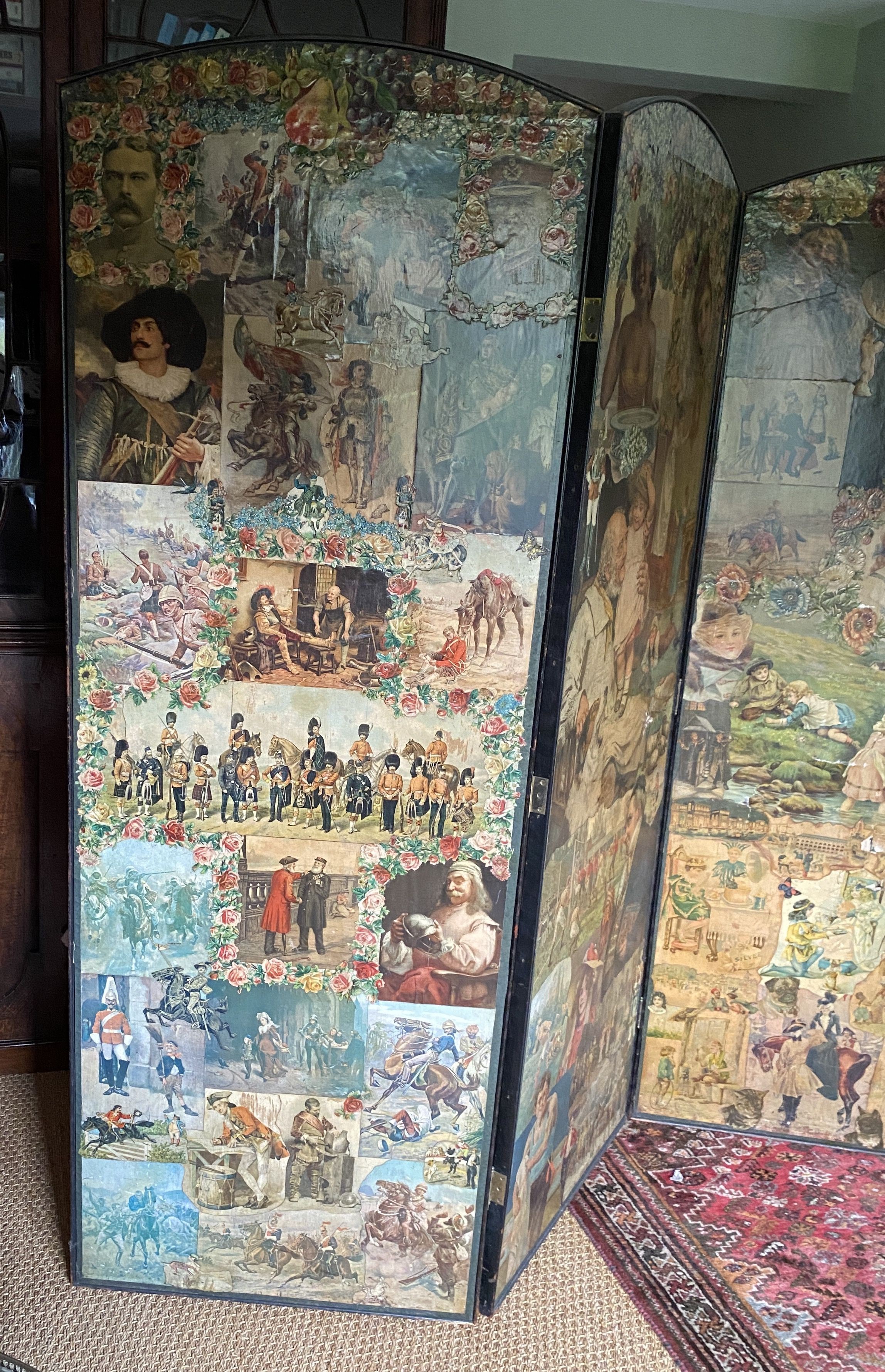 A Victorian double signed three fold scrap screen, mostly decorated with figures, width 63cm height 176cm